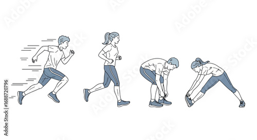 Animated illustrations depicting a man and woman engaged in various stages of running and stretching exercises, suitable for fitness guides and tutorials