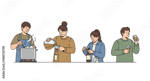 Illustration of diverse people engaged in various stages of food and beverage preparation, demonstrating cooking and canning processes for culinary and lifestyle content