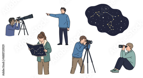 Diverse group of people engaged in stargazing and astrophotography activities, showcasing interest in astronomy and celestial exploration. Ideal for educational materials or science projects.