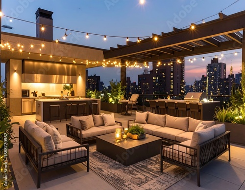 Modern rooftop patio at dusk