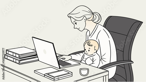 Working Mother with Baby on Lap Using Laptop Computer at Desk.