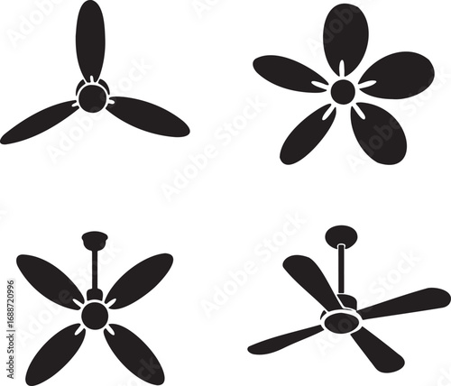 Set of Black Fan and Propeller Silhouettes on White Background – Vector Icons Collection 
