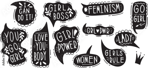 Empowering Feminist Slogans with Bold Text, Inspirational Design, Black and White, Strong, Creative, Artistic, Minimalist, Bold, Expressive, Illustrated, Empowering, Encouraging, Motivational, Inspiri
