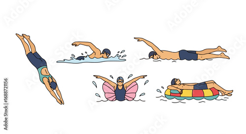 Diverse swimming styles and aquatic activities illustrated for educational resources, fitness guides, and recreational design projects