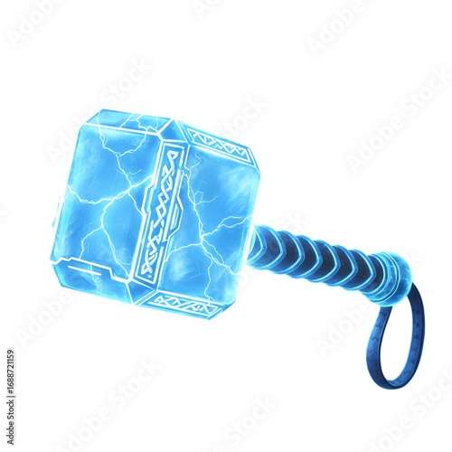 Glowing blue hammer with lightning effects isolated on a transparent background thunder