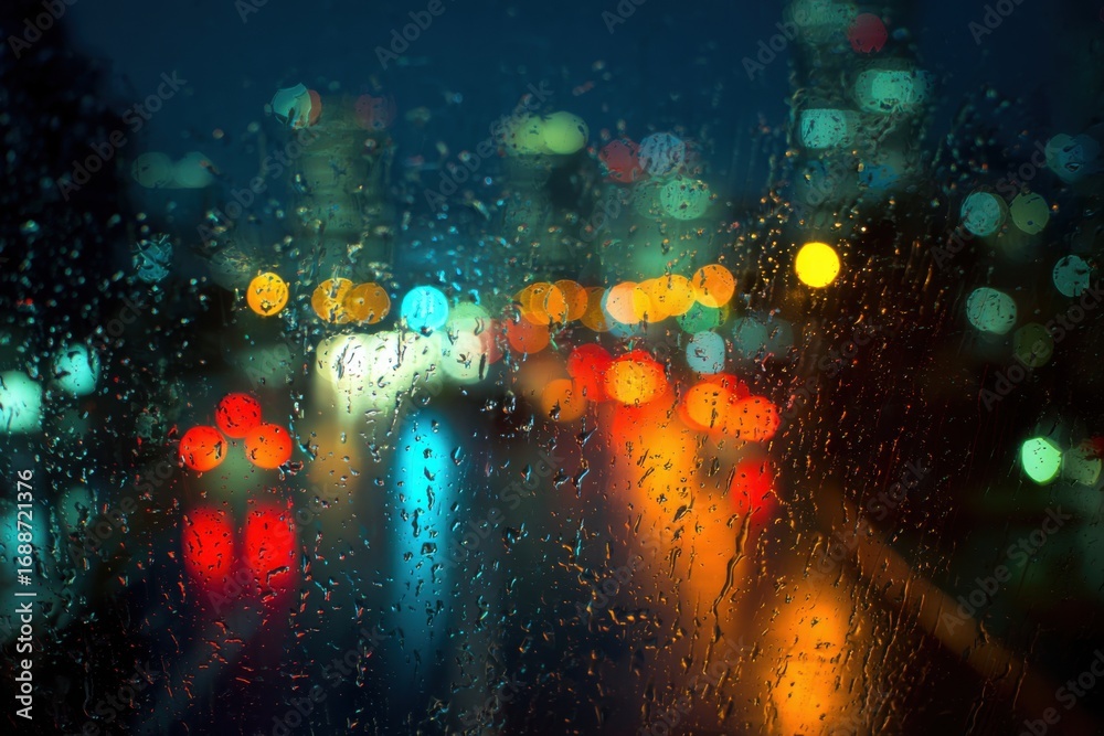 Obraz premium Rainy night city lights blurred through a car window