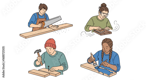 Diverse individuals engaging in woodworking activities, sawing, sanding, hammering, and painting for DIY projects and creative hobbies