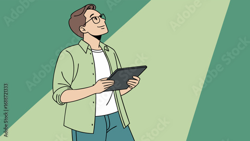 Young man using tablet looking up hopeful expression digital device thinking planning modern illustration green background.