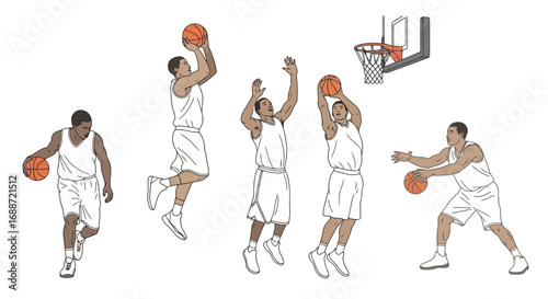 Basketball player performing various game actions including dribbling, shooting, passing, and defense, suitable for sports training materials or educational illustrations