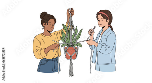 Two young women creating a macrame plant hanger together, ideal for illustrating DIY projects, crafting tutorials, or friendship activities