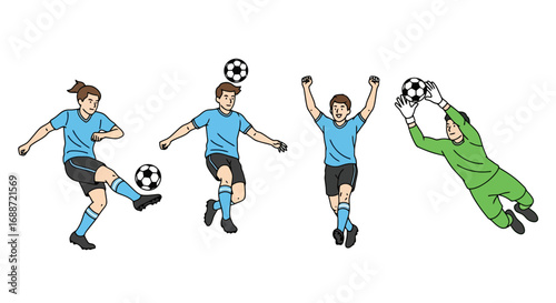 Dynamic soccer players in action demonstrating heading, kicking, and goalkeeping skills for sports education and athletic training illustrations