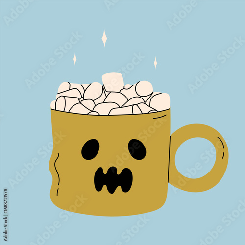 Cute kawaii halloween mug ghost with hot drink for kids and design. Pumpkin latte in a beautiful mug with marshmallow. Vector stock illustration on a blue background.