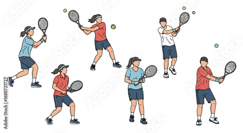 Detailed illustration showcasing tennis players performing various strokes and movements, ideal for instructional materials or sports-related educational content.