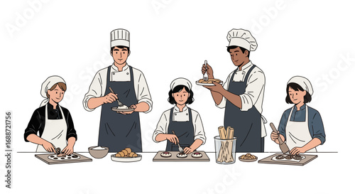 Diverse group of chefs preparing food in a kitchen setting, suitable for illustrating culinary arts, cooking classes, or restaurant teamwork.
