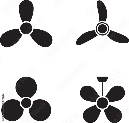 Set of Black Fan and Propeller Silhouettes on White Background – Vector Icons Collection 