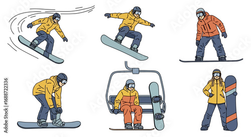 Snowboarder illustrations showcasing various poses and activities for use in winter sports marketing, educational materials, or recreational design projects