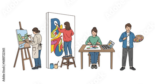Group of artists creating diverse artworks in a studio setting, showcasing the creative process and artistic expression for stock illustration and design projects.