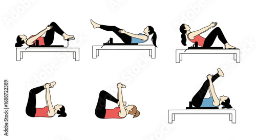 Pilates reformer exercise sequence illustration showcasing various poses for fitness and flexibility training, suitable for instructional materials and health and wellness content.