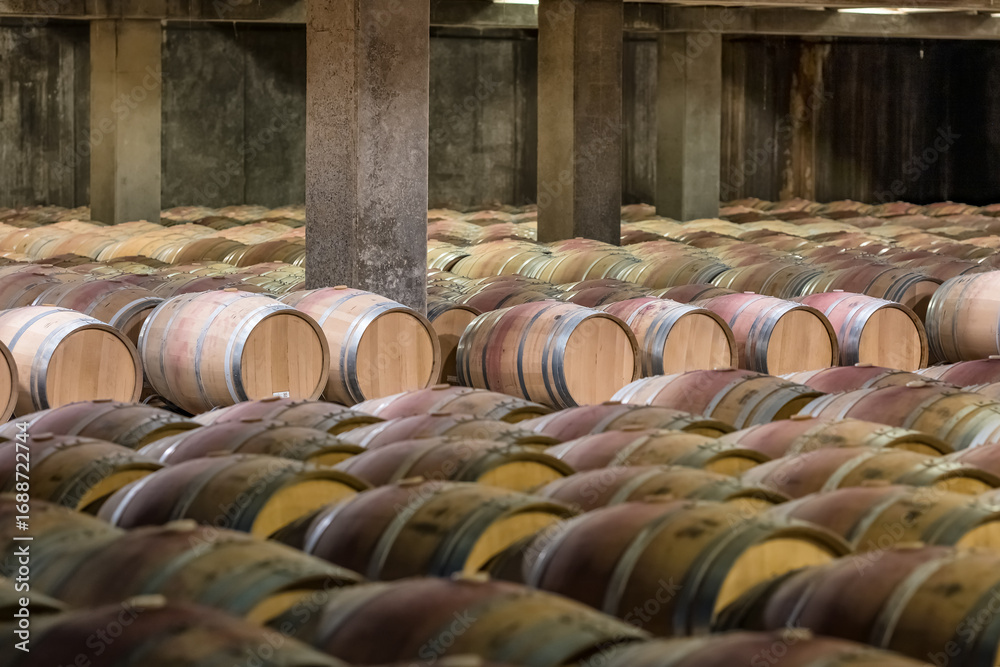 Obraz premium Oak barrels aging red wine in Rioja winecellars Spain winemaking process