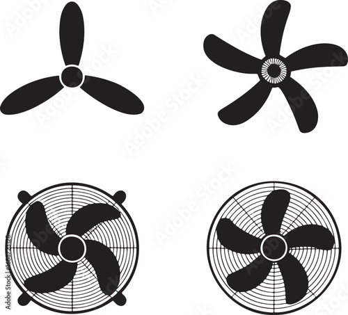Set of Black Fan and Propeller Silhouettes on White Background – Vector Icons Collection 