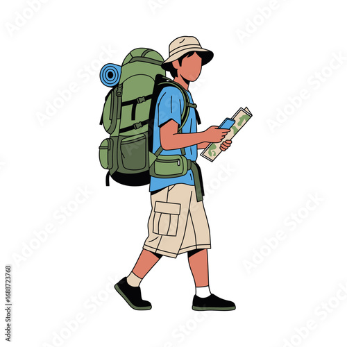 Backpacker Exploring with Map in Nature - Vector Illustration on White Background