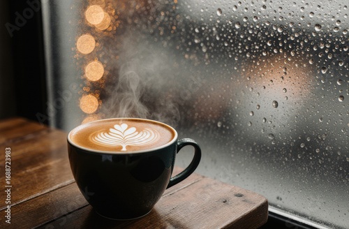Steaming coffee cup with latte art on wooden table by rainy window