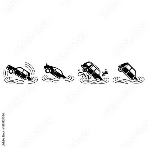 Flooded Cars Icon Set - Vehicles Partially Submerged in Water Symbols for Disaster Relief, Insurance Claims