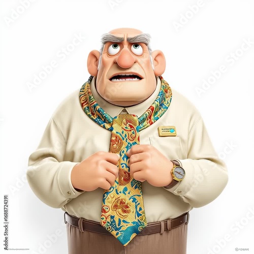 Cartoon boss adjusts an oversized tie, appearing anxious before meeting. Looped video.