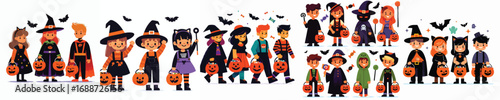 Kids Halloween Costume Trick or Treat Vector Illustration Set