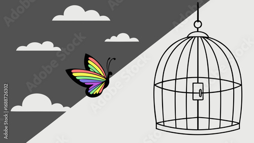 Colorful butterfly escaping a birdcage into the sky