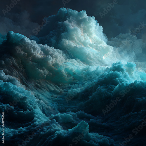 Dramatic ocean waves crashing with vibrant turquoise hues and dark, moody skies creating a stunning seascape.