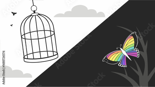 Freedom vs captivity a colorful butterfly escapes an empty cage