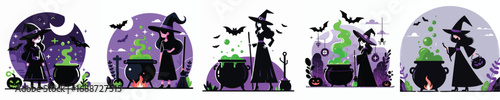 Halloween Witch Brewing Potion in Cauldron with Pumpkin and Bats Vector Illustration