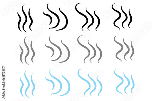 Smoke steam icon vector logo set. Smoke smell, steam aroma heat icon illustration. Hot vapor fire doodle line logo. Hit stink, coffee, fragrance flame elements. Vector illustration