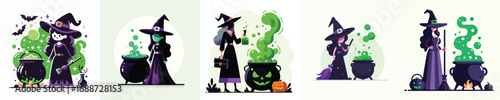 Halloween Witch with Bubbling Cauldron and Green Magic Potion Vector Illustration