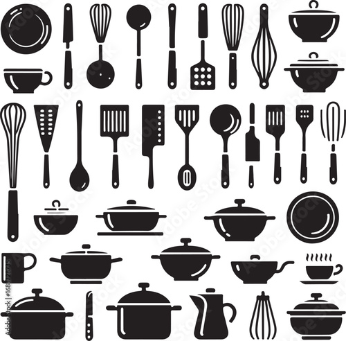 Black and White Kitchen Tools Icons Collection silhouette