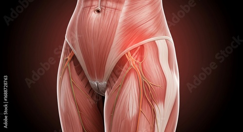 Detailed anatomical view of the human hip muscles and sciatic nerve, highlighting inflammation in the pelvic region with vibrant red tones emphasizing pain and discomfort.