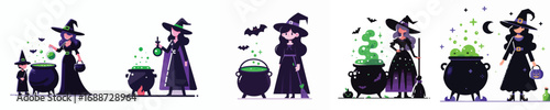 Halloween Witch with Magic Cauldron Vector Illustration Set