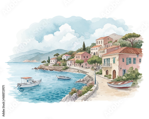 Mediterranean Coastal Village Watercolor Scene with Boats and Blue Sea