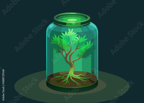 Green tree growing inside a sealed glass jar