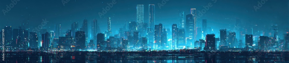 Fototapeta premium Futuristic city skyline at night, bathed in cool blues and neon lights. A panorama view of tall buildings, reflecting on calm water