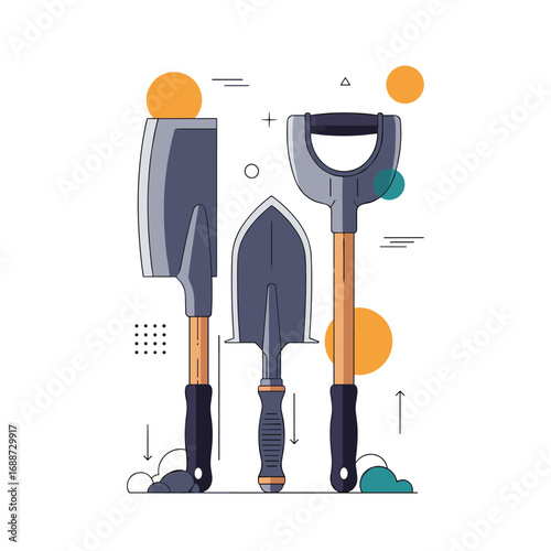 Collection of gardening tools including a shovel a trowel and a spade for outdoor work and cultivation activities
