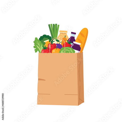 A full paper bag overflowing with fresh organic fruits vegetables and other groceries for a healthy lifestyle