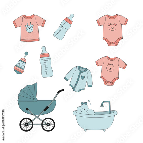 Cute baby items including clothing bottles stroller bathtub and toys for newborns