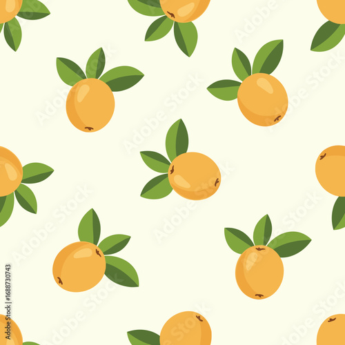 Seamless pattern featuring fresh orange colored loquats with green leaves on a light yellow background