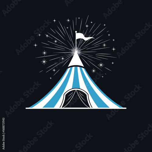 Whimsical big top circus tent under a starry night sky with fireworks bursting above the apex