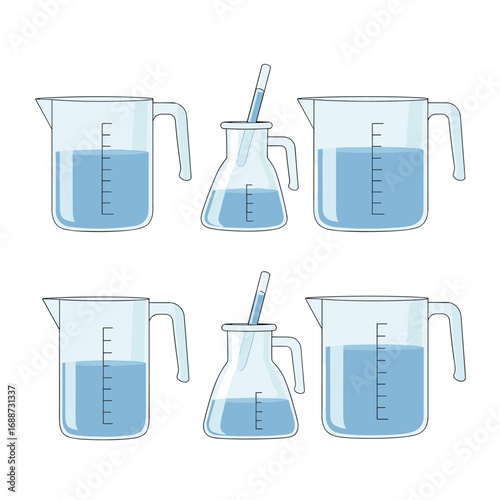 Collection of laboratory glassware filled with water for scientific experiments