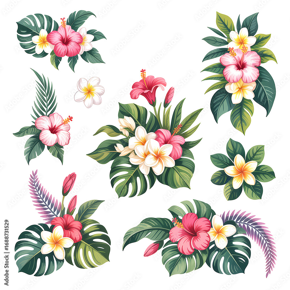Fototapeta premium Vector illustration of exotic tropical flowers: hibiscus, plumeria, and lush foliage. Perfect for design projects, invitations, and more.