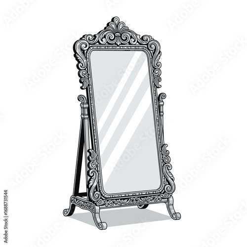 An ornate freestanding cheval mirror with an elaborately carved decorative frame and an easel back stand