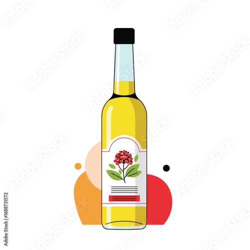 A refreshing and naturally sweet yellow liquid in a glass bottle adorned with a label featuring a cluster of red berries and green leaves